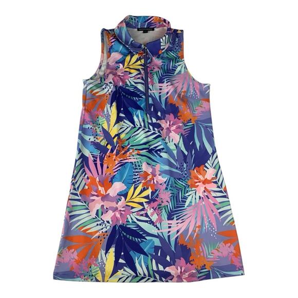 Boston Proper women's medium Mini Dress blue pink zip Tropical Print - Picture 2 of 12